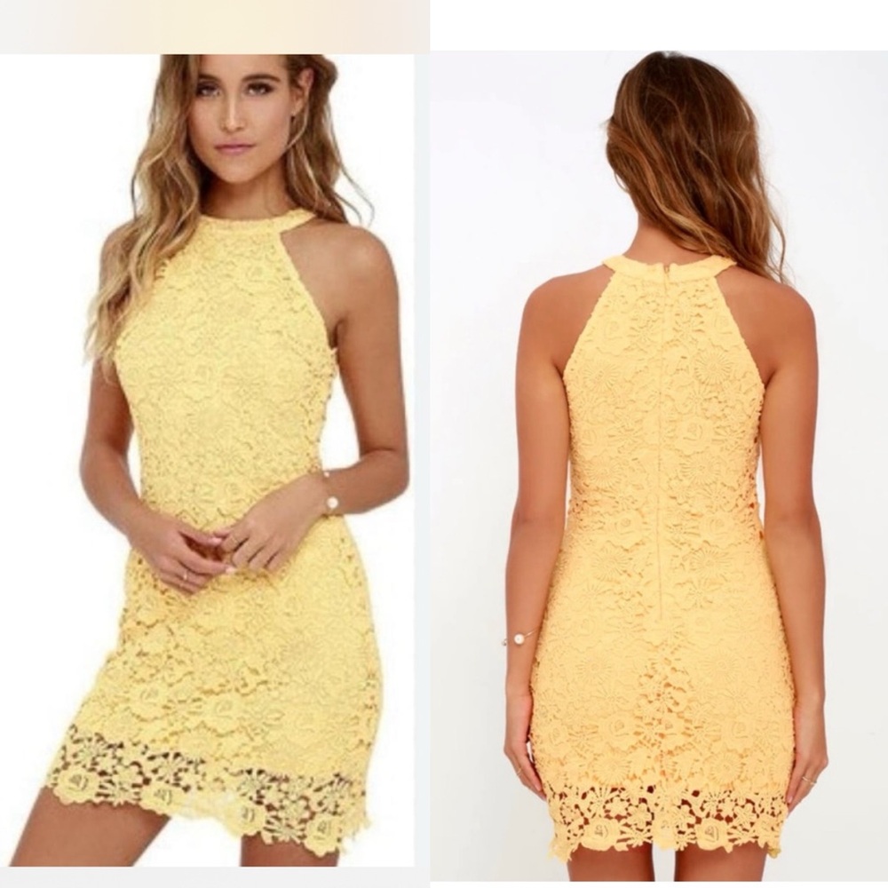 Lulus Love Poem Yellow Textured Floral Lace Halter Mini Dress Zipper Size XS NEW